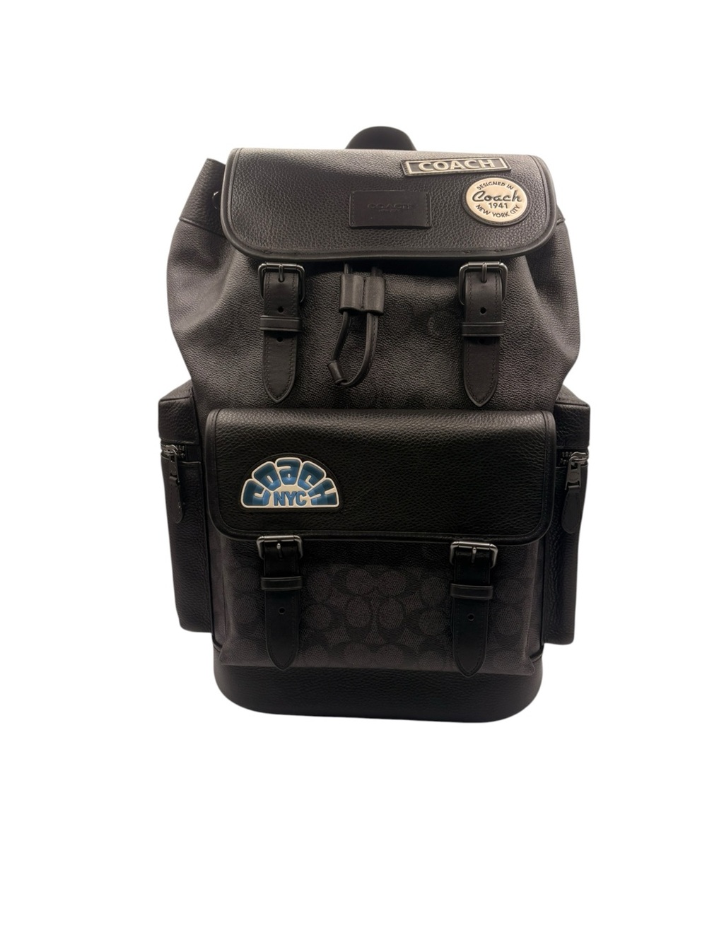 Coach Men's Black Leather & Signature Canvas Backpack with Blue Patch